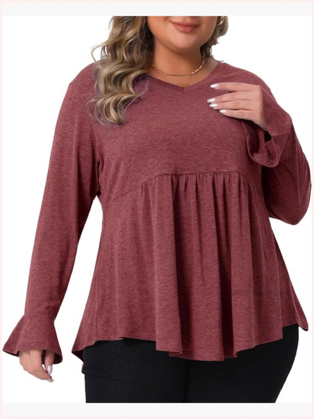 Plus Size Long Sleeve Peplum Top Flared Cuffs V-Neck Tunic Blouse